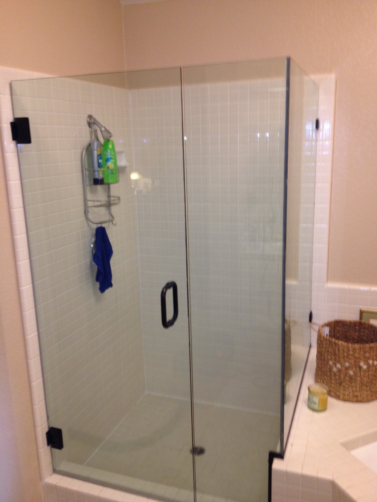 Shower Door Replacement by OnTrack. Larger door, updated hardware, easy accessibility.